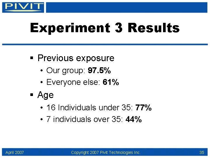 Experiment 3 Results § Previous exposure • Our group: 97. 5% • Everyone else: