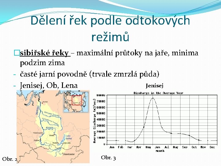 Dělení řek podle odtokových režimů �sibiřské řeky – maximální průtoky na jaře, minima podzim