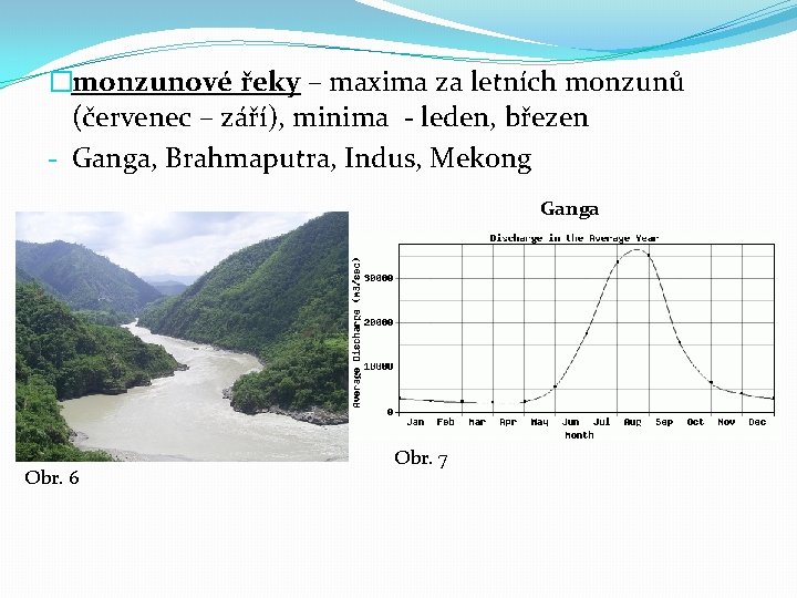 �monzunové řeky – maxima za letních monzunů (červenec – září), minima - leden, březen