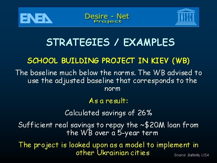STRATEGIES / EXAMPLES SCHOOL BUILDING PROJECT IN KIEV (WB) The baseline much below the