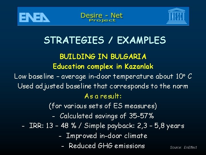 STRATEGIES / EXAMPLES BUILDING IN BULGARIA Education complex in Kazanlak Low baseline – average