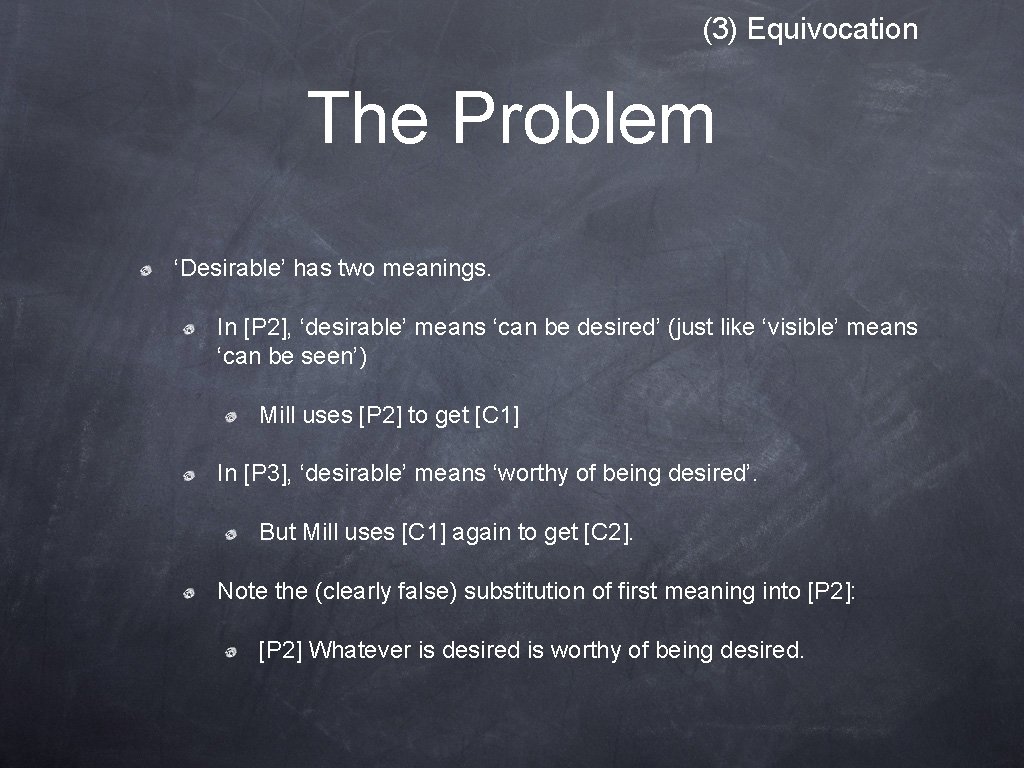 (3) Equivocation The Problem ‘Desirable’ has two meanings. In [P 2], ‘desirable’ means ‘can