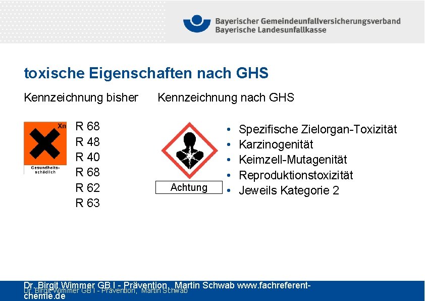 toxische Eigenschaften nach GHS Kennzeichnung bisher R 68 R 40 R 68 R 62