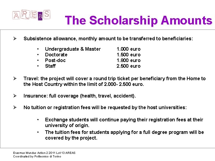  The Scholarship Amounts Ø Subsistence allowance, monthly amount to be transferred to beneficiaries