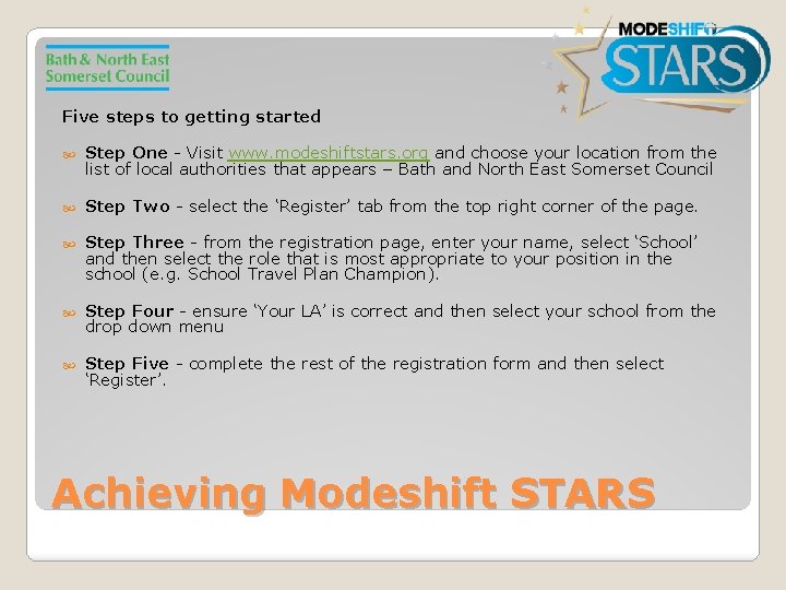 Five steps to getting started Step One - Visit www. modeshiftstars. org and choose