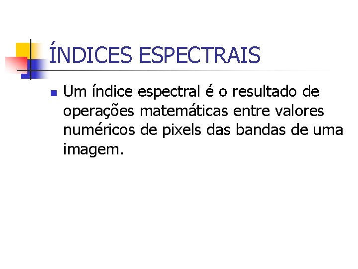 ÍNDICES ESPECTRAIS n Um índice espectral é o resultado de operações matemáticas entre valores