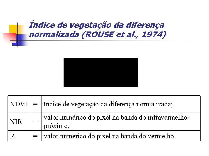 Índice de vegetação da diferença normalizada (ROUSE et al. , 1974) NDVI = índice