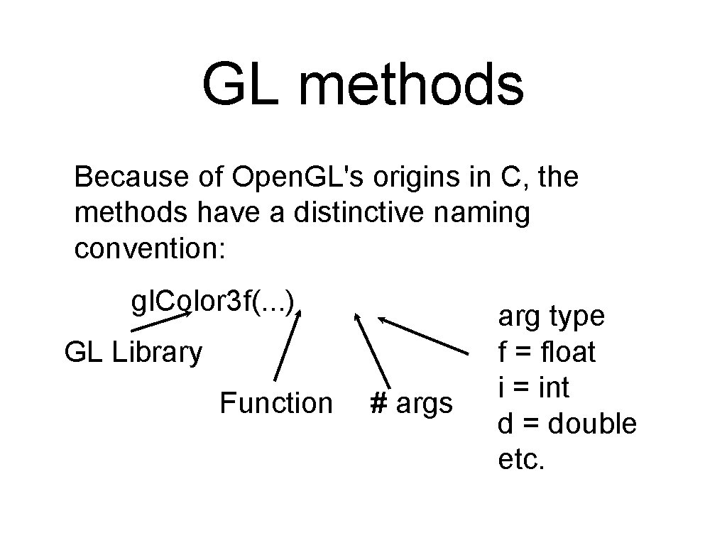 GL methods Because of Open. GL's origins in C, the methods have a distinctive GL methods Because of Open. GL's origins in C, the methods have a distinctive