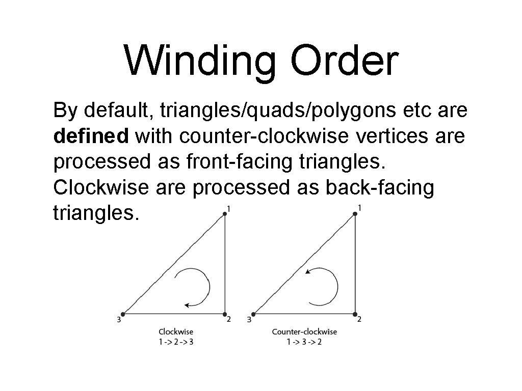Winding Order By default, triangles/quads/polygons etc are defined with counter-clockwise vertices are processed as Winding Order By default, triangles/quads/polygons etc are defined with counter-clockwise vertices are processed as