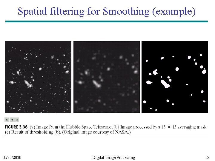 Spatial filtering for Smoothing (example) 10/30/2020 Digital Image Processing 18 