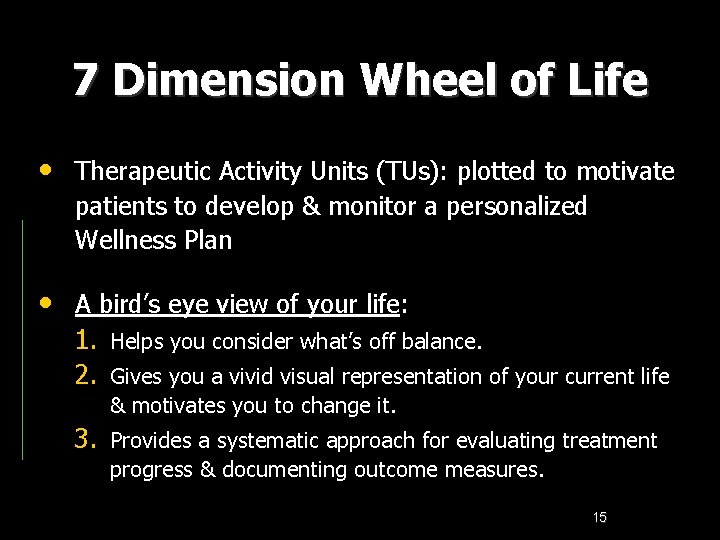 7 Dimension Wheel of Life • Therapeutic Activity Units (TUs): plotted to motivate patients
