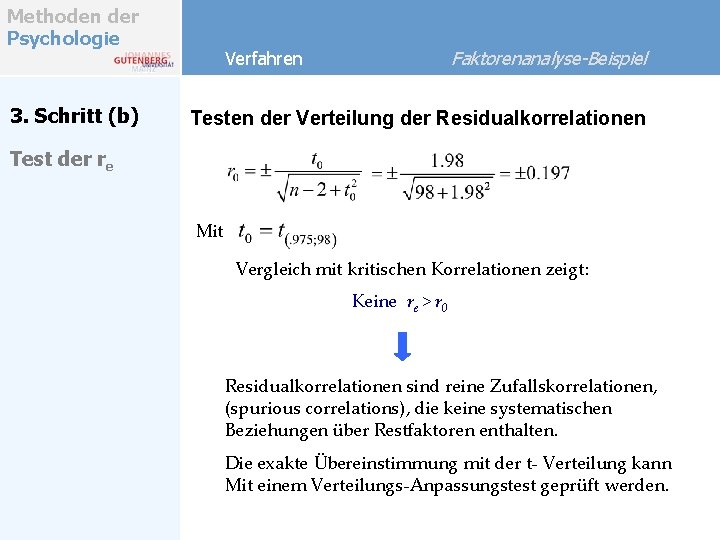 Methoden der Psychologie 3. Schritt (b) Faktorenanalyse-Beispiel Verfahren Testen der Verteilung der Residualkorrelationen Test Methoden der Psychologie 3. Schritt (b) Faktorenanalyse-Beispiel Verfahren Testen der Verteilung der Residualkorrelationen Test