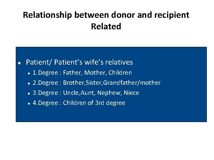 Relationship between donor and recipient Related Patient/ Patient’s wife’s relatives 1. Degree : Father,