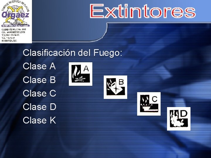 Clasificación del Fuego: Clase A Clase B Clase C Clase D Clase K 