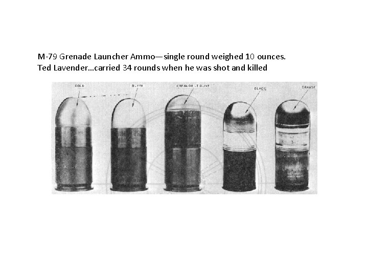 M-79 Grenade Launcher Ammo—single round weighed 10 ounces. Ted Lavender…carried 34 rounds when he