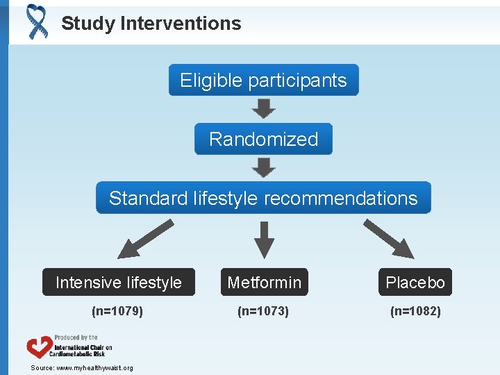 Study Interventions Eligible participants Randomized Standard lifestyle recommendations Intensive lifestyle Metformin Placebo (n=1079) (n=1073)