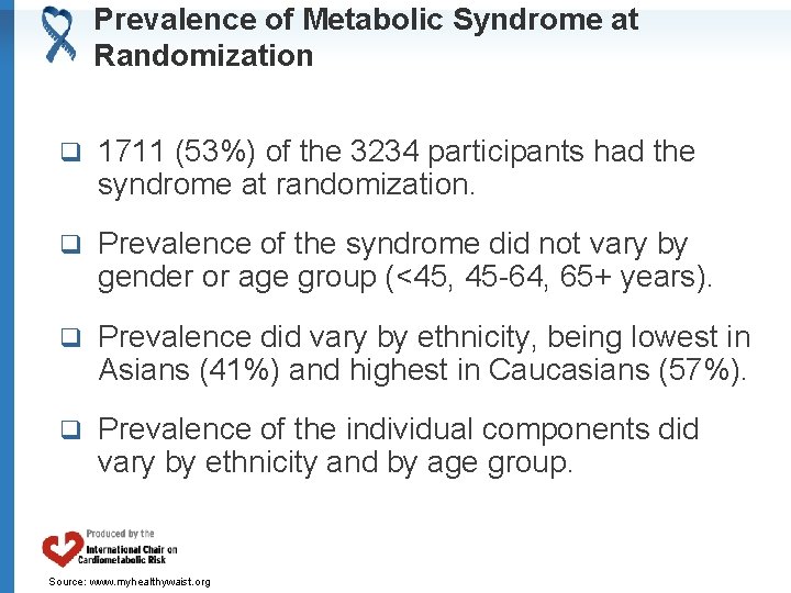 Prevalence of Metabolic Syndrome at Randomization q 1711 (53%) of the 3234 participants had