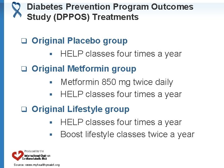 Diabetes Prevention Program Outcomes Study (DPPOS) Treatments q Original Placebo group § q HELP