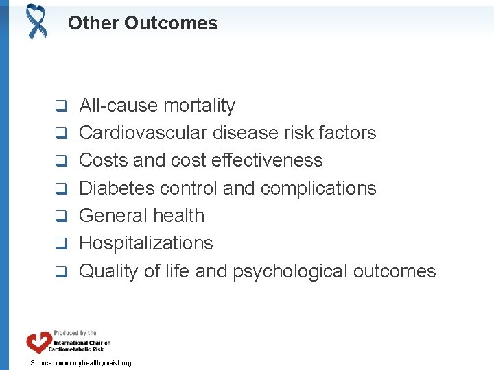 Other Outcomes q q q q All-cause mortality Cardiovascular disease risk factors Costs and