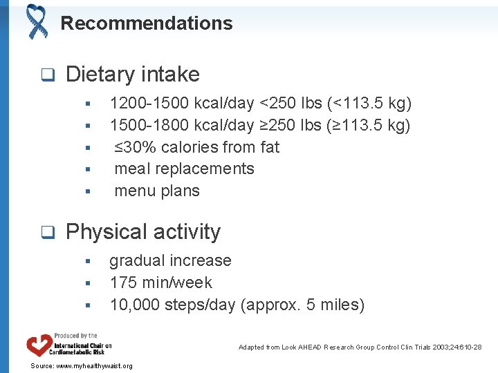 Recommendations q Dietary intake § § § q 1200 -1500 kcal/day <250 lbs (<113.