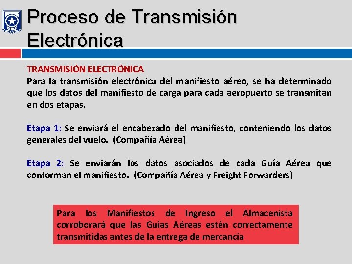 Proceso de Transmisión Electrónica TRANSMISIÓN ELECTRÓNICA Para la transmisión electrónica del manifiesto aéreo, se