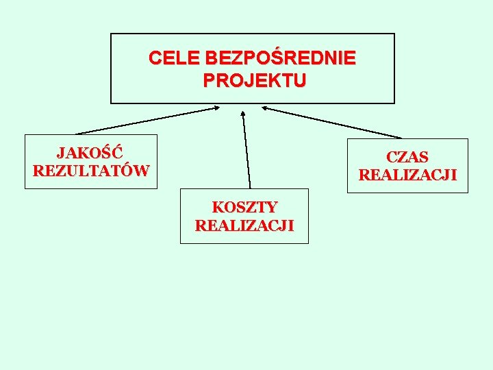 CELE BEZPOŚREDNIE PROJEKTU JAKOŚĆ REZULTATÓW CZAS REALIZACJI KOSZTY REALIZACJI 