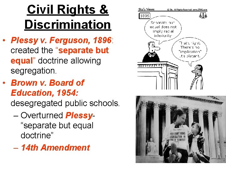 Civil Rights & Discrimination • Plessy v. Ferguson, 1896: created the “separate but equal”