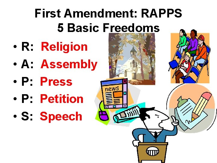 First Amendment: RAPPS 5 Basic Freedoms • • • R: A: P: P: S: