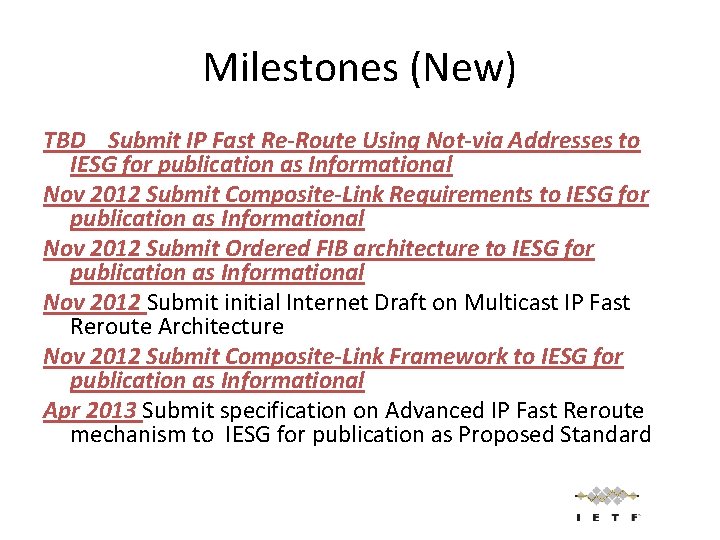 Milestones (New) TBD Submit IP Fast Re-Route Using Not-via Addresses to IESG for publication