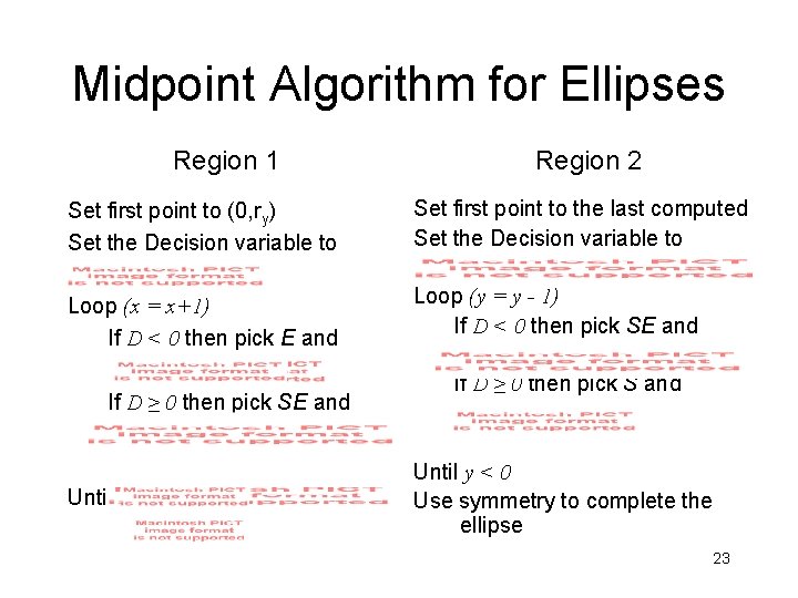 Midpoint Algorithm for Ellipses Region 1 Region 2 Set first point to (0, ry) Midpoint Algorithm for Ellipses Region 1 Region 2 Set first point to (0, ry)
