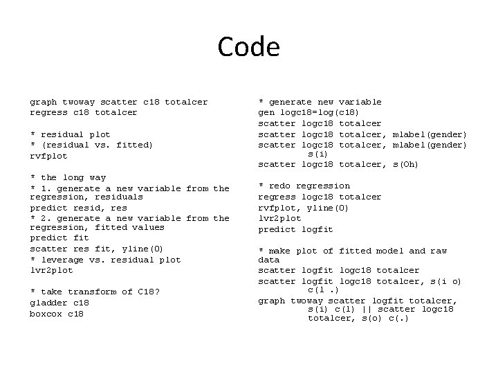 Code graph twoway scatter c 18 totalcer regress c 18 totalcer * residual plot