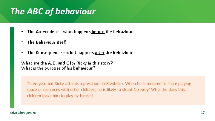 The ABC of behaviour • The Antecedent – what happens before the behaviour •