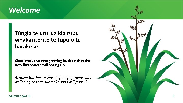 Welcome Tūngia te ururua kia tupu whakarito te tupu o te harakeke. Clear away