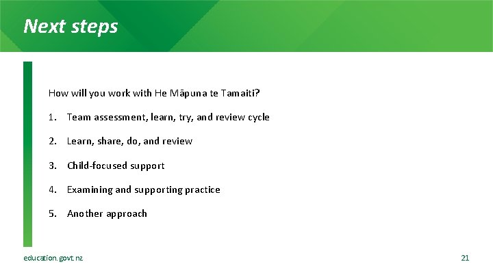 Next steps How will you work with He Māpuna te Tamaiti? 1. Team assessment,