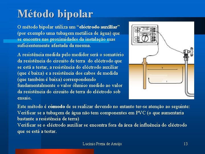 Método bipolar O método bipolar utiliza um “eléctrodo auxiliar” (por exemplo uma tubagem metálica