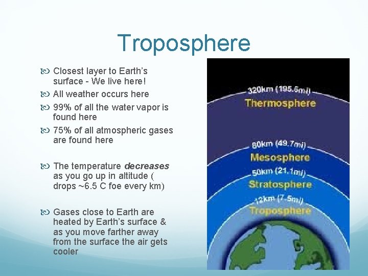 Troposphere Closest layer to Earth’s surface - We live here! All weather occurs here