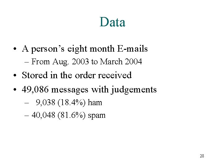 Data • A person’s eight month E-mails – From Aug. 2003 to March 2004