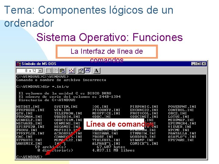 Tema: Componentes lógicos de un ordenador Sistema Operativo: Funciones La Interfaz de línea de