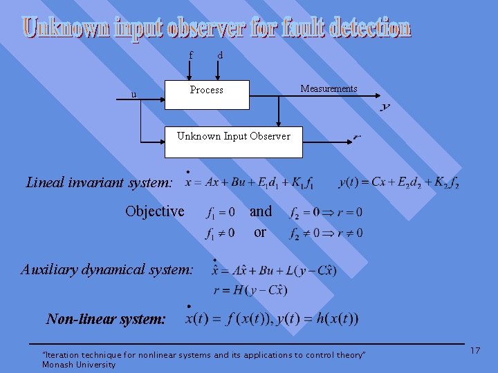 f d Measurements Process u Unknown Input Observer Lineal invariant system: Objective and or