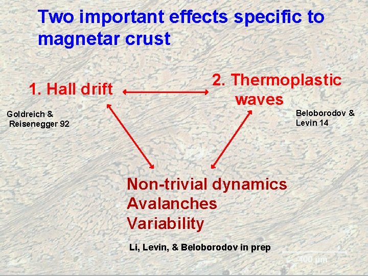 Two important effects specific to magnetar crust 1. Hall drift 2. Thermoplastic waves Beloborodov