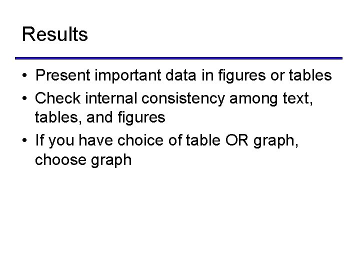 Results • Present important data in figures or tables • Check internal consistency among