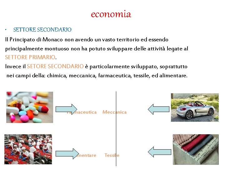 economia • SETTORE SECONDARIO Il Principato di Monaco non avendo un vasto territorio ed