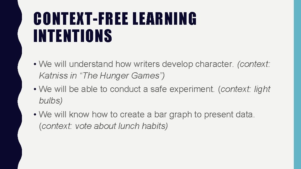 CONTEXT-FREE LEARNING INTENTIONS • We will understand how writers develop character. (context: Katniss in