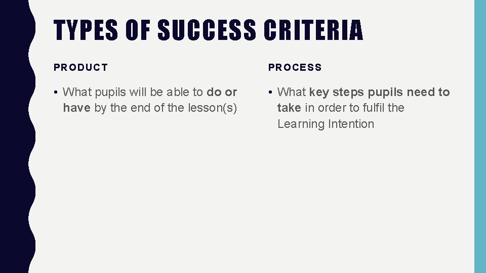 TYPES OF SUCCESS CRITERIA PRODUCT PROCESS • What pupils will be able to do