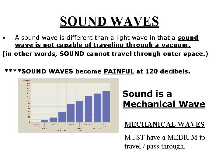 SOUND WAVES • A sound wave is different than a light wave in that