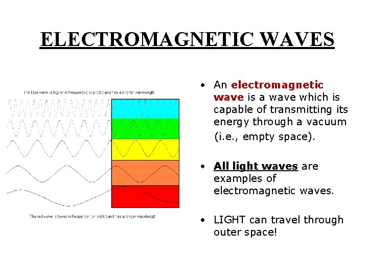 ELECTROMAGNETIC WAVES • An electromagnetic wave is a wave which is capable of transmitting
