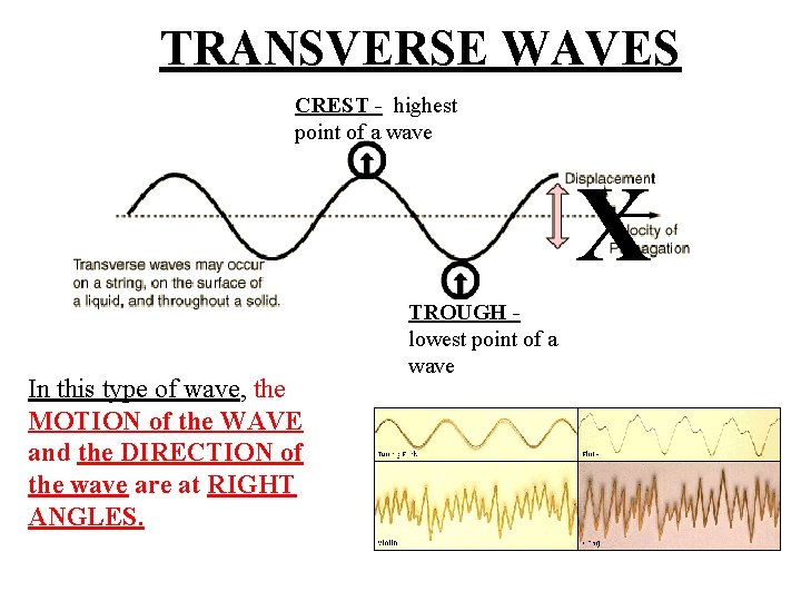 TRANSVERSE WAVES CREST - highest point of a wave X In this type of