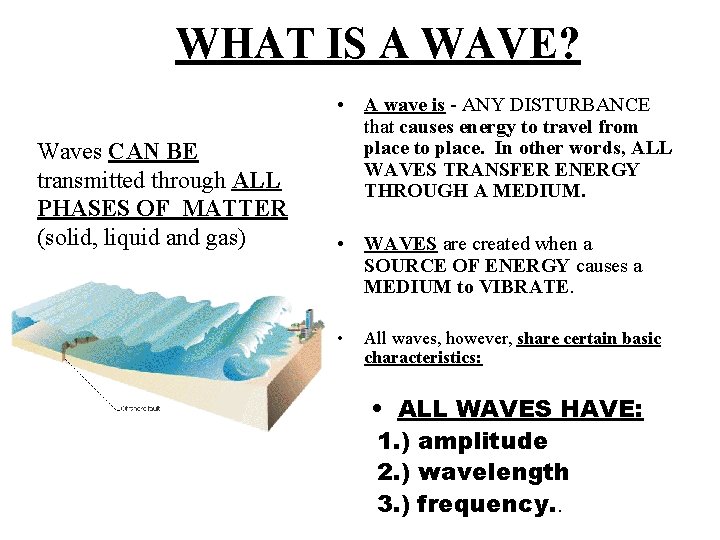 WHAT IS A WAVE? Waves CAN BE transmitted through ALL PHASES OF MATTER (solid,