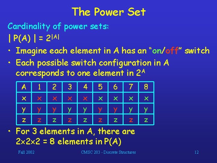 The Power Set Cardinality of power sets: | P(A) | = 2|A| • Imagine