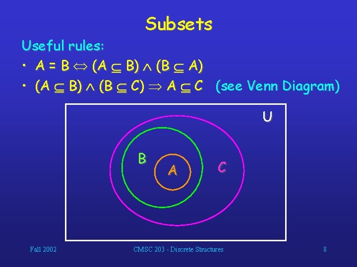 Subsets Useful rules: • A = B (A B) (B A) • (A B)